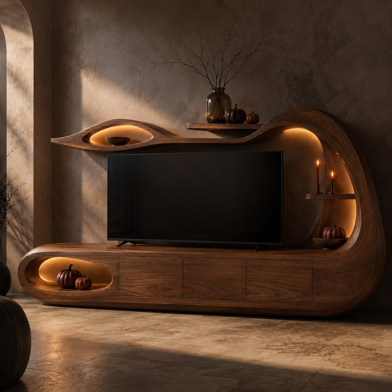 Threnn Sculptural Shelf Solid Wood TV Console For Living Room