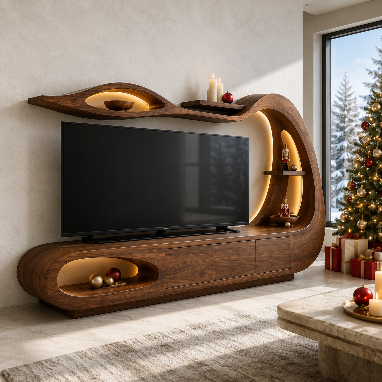 Threnn Sculptural Shelf Solid Wood TV Console For Living Room