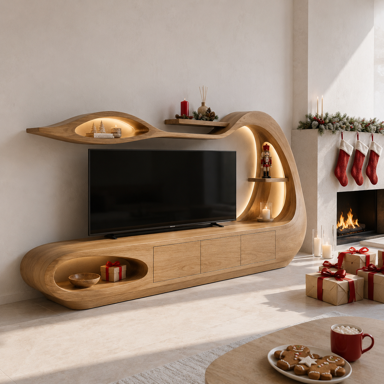 Threnn Sculptural Shelf Solid Wood TV Console For Living Room