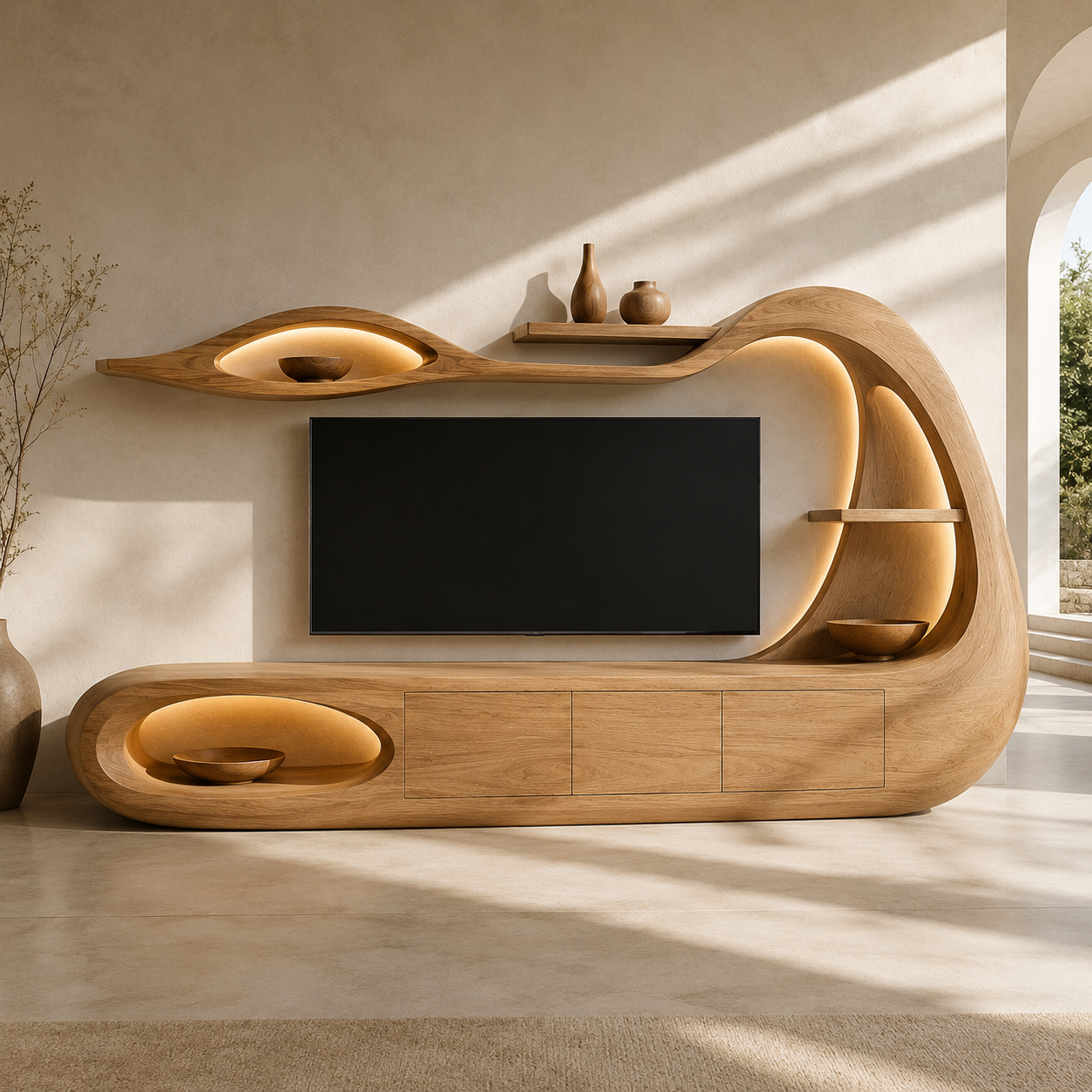 Threnn Sculptural Shelf Solid Wood TV Console For Living Room