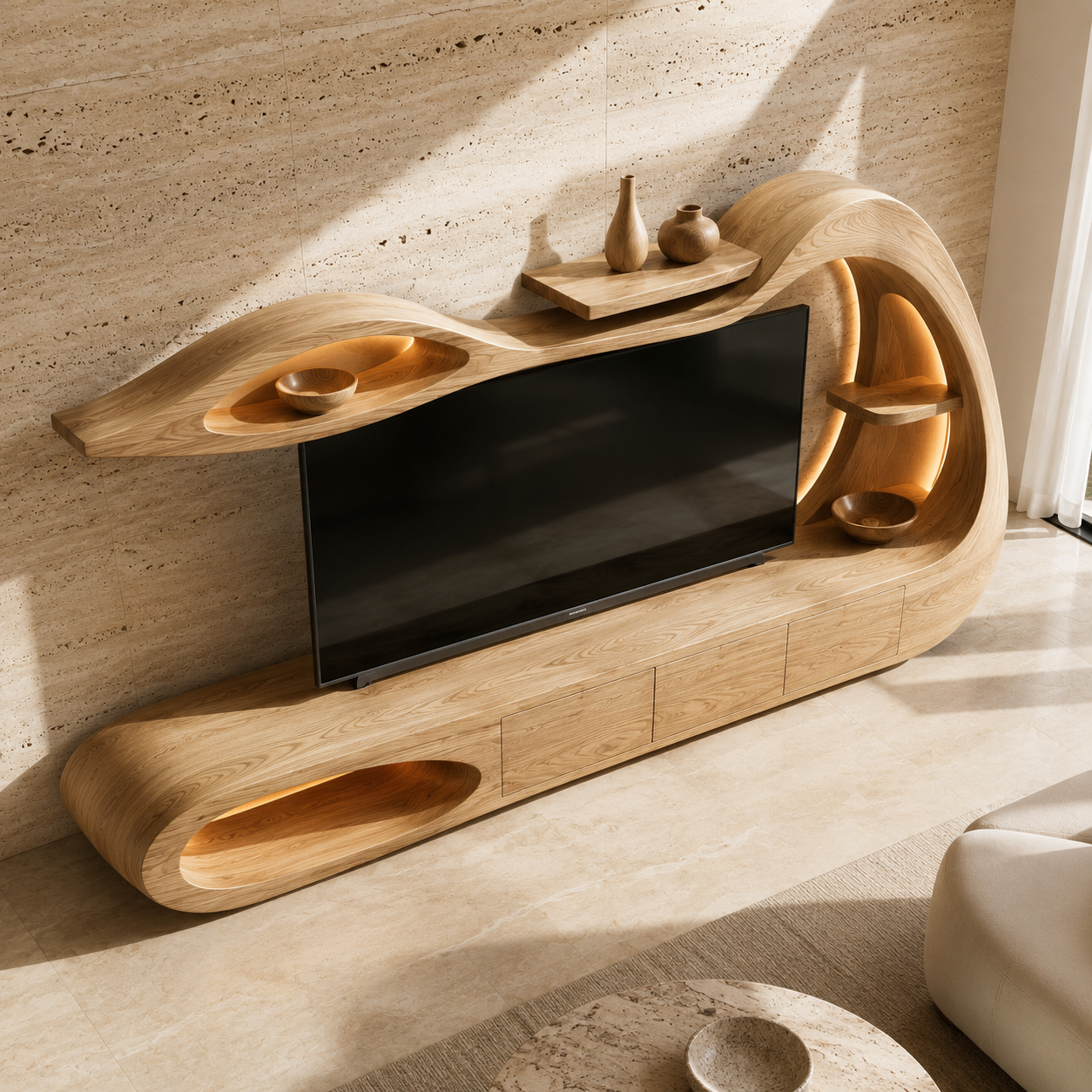 Threnn Sculptural Shelf Solid Wood TV Console For Living Room