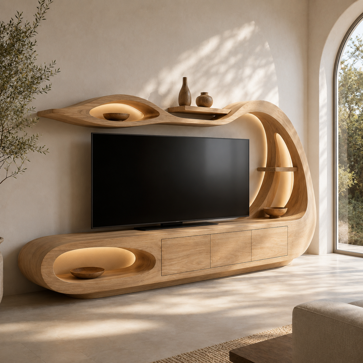 Threnn Sculptural Shelf Solid Wood TV Console For Living Room
