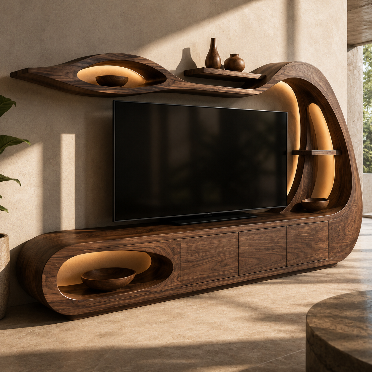 Threnn Sculptural Shelf Solid Wood TV Console For Living Room