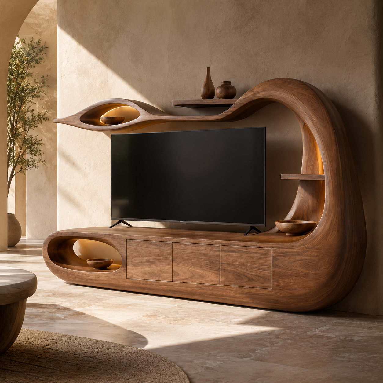 Threnn Sculptural Shelf Solid Wood TV Console For Living Room
