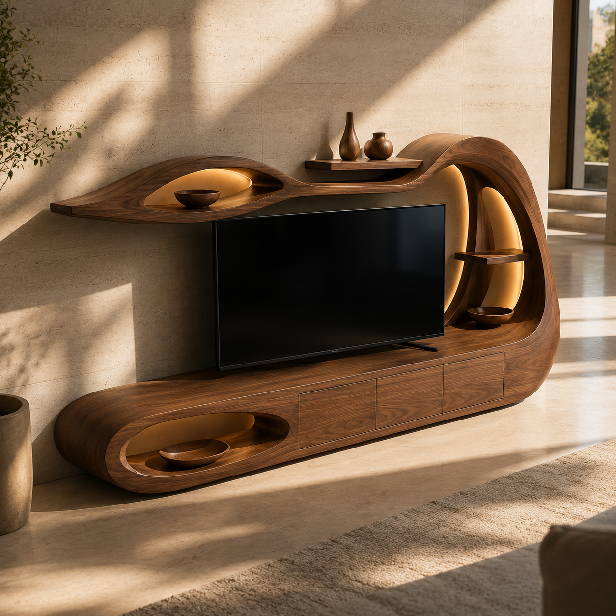 Threnn Sculptural Shelf Solid Wood TV Console For Living Room