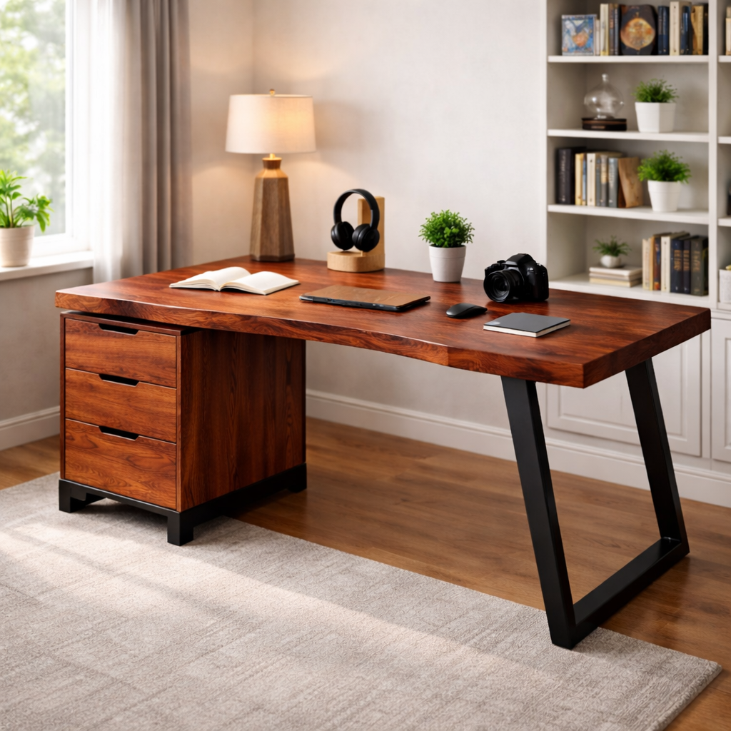 Handcrafted Solid Wood Desk With Live-Edge Top and Metal Base
