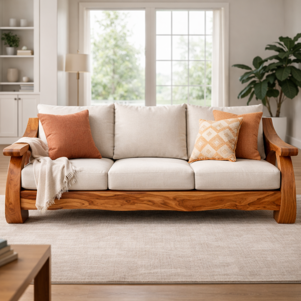 Handcrafted Solid Wood Sofa With Sculptural Frame And Cushions