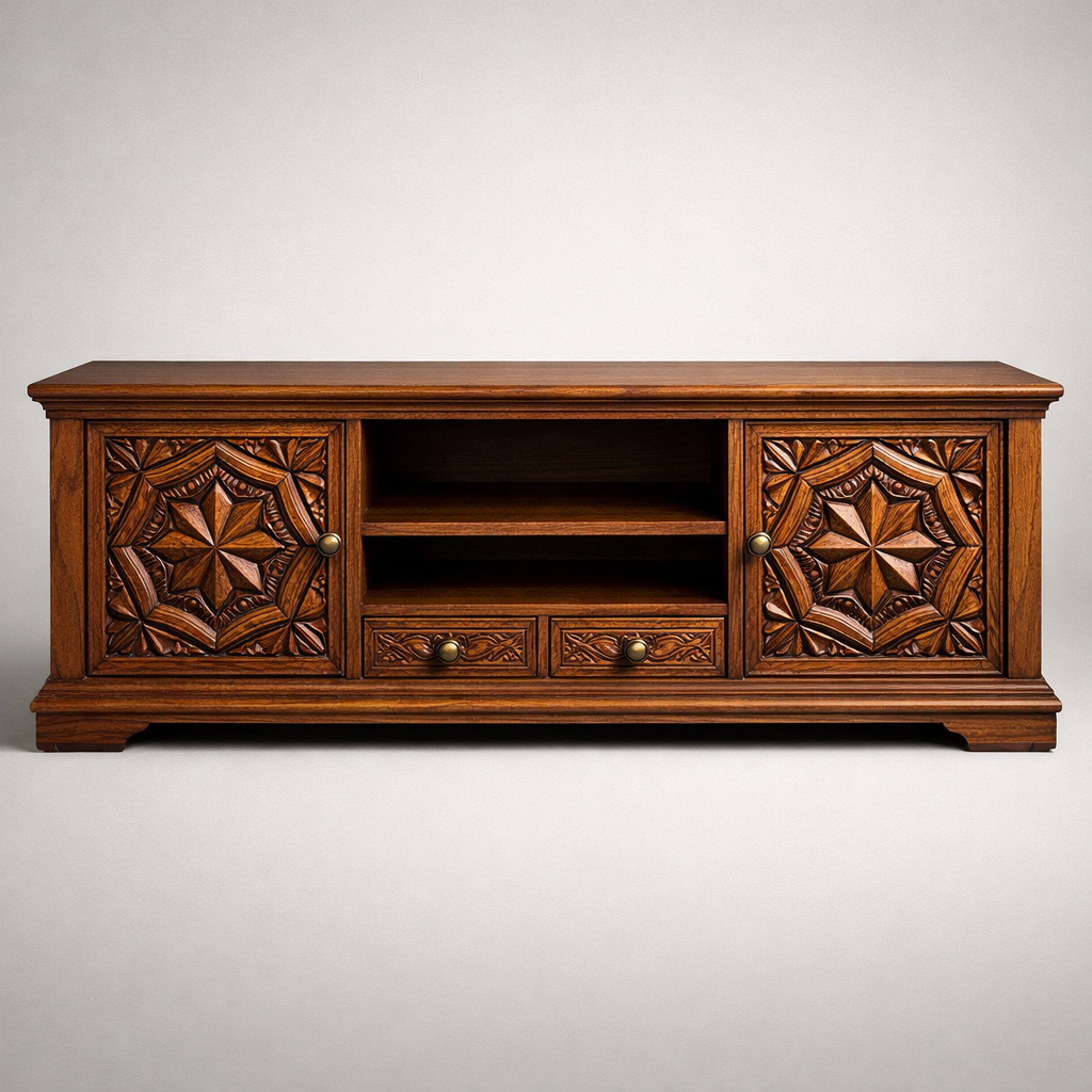 Handcrafted Solid Wood TV Console With Intricate Carved Doors and Open Storage