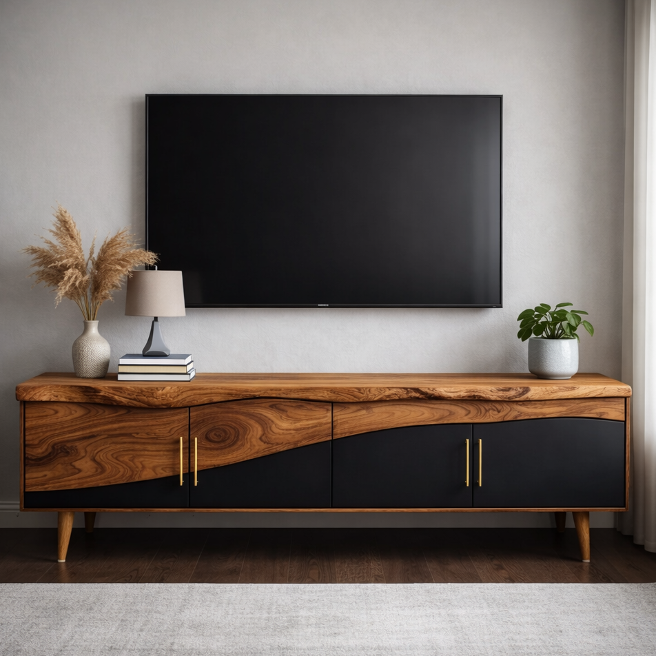 Live Edge TV Cabinet with Black and Wood Contrast