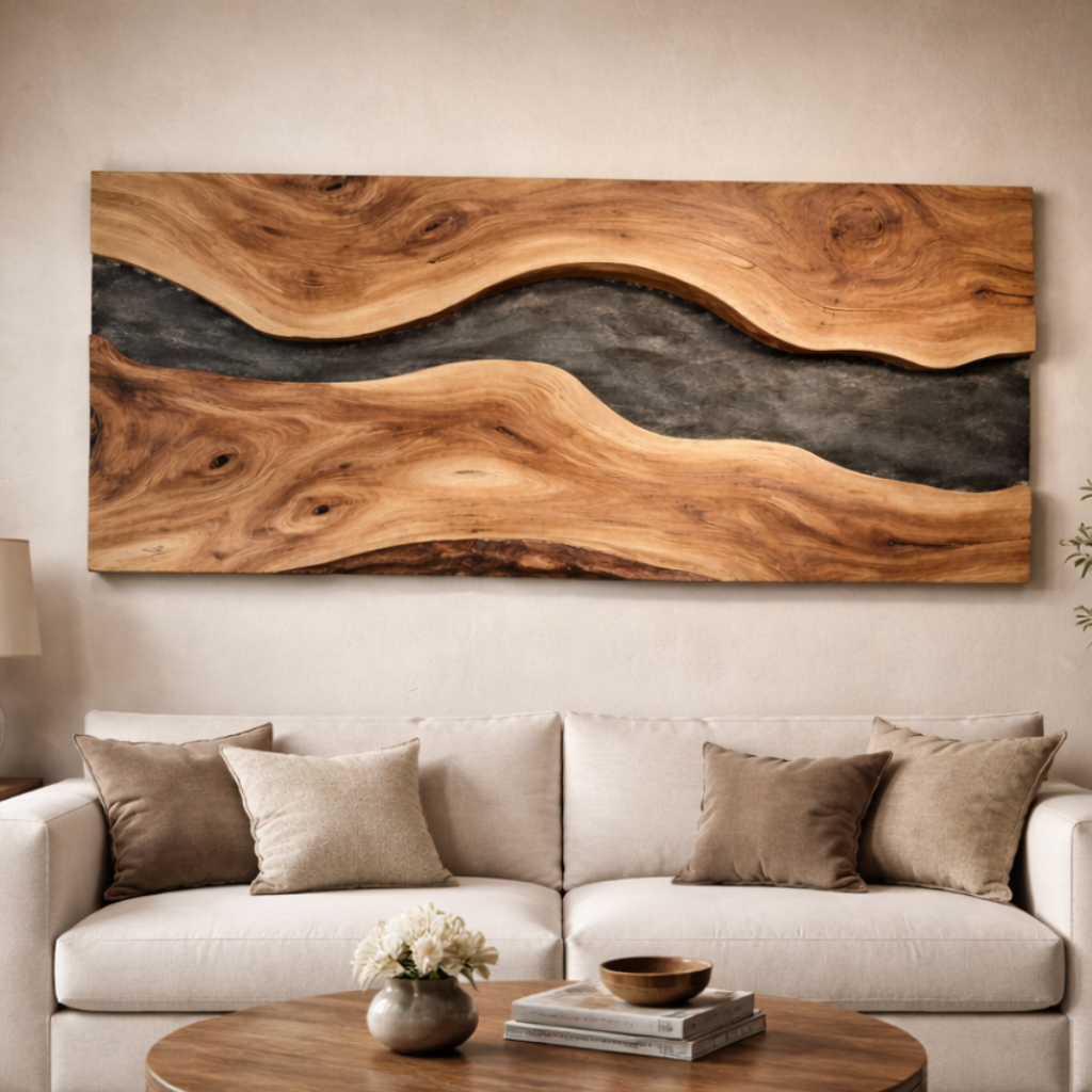Abstract Wall Sculpture with Organic Flowing Design in Natural Wood