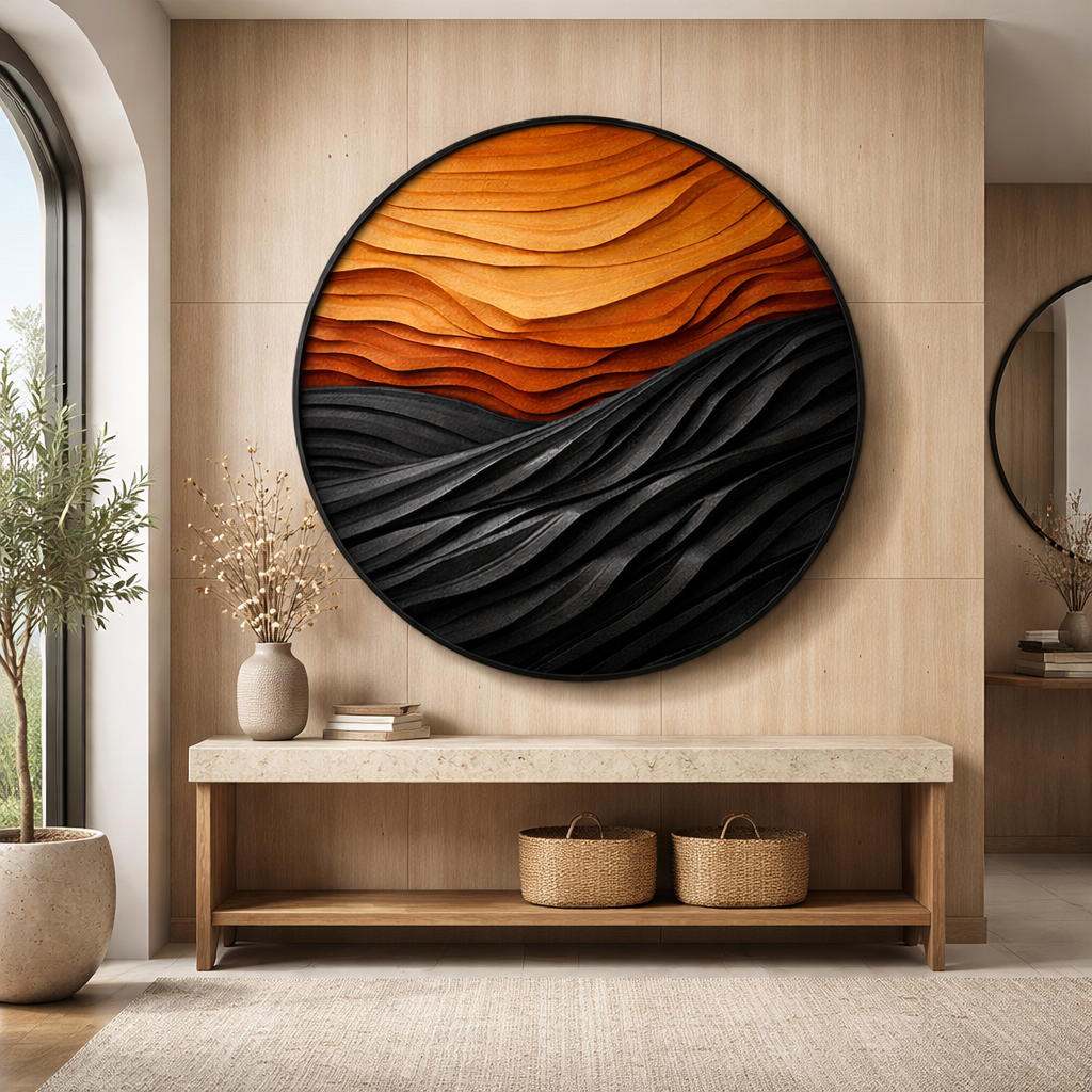 Handcrafted Round Wood Wall Sculpture With Layered Wave Relief