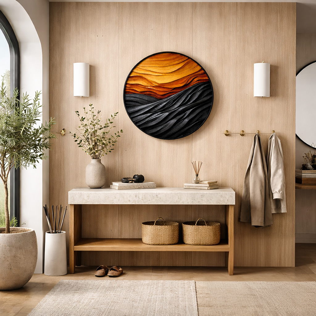 Handcrafted Round Wood Wall Sculpture With Layered Wave Relief