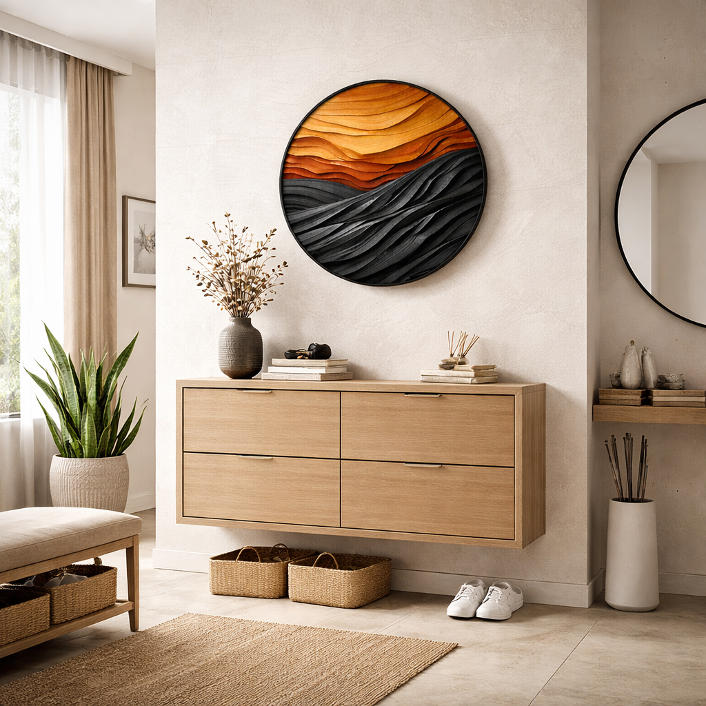 Handcrafted Round Wood Wall Sculpture With Layered Wave Relief