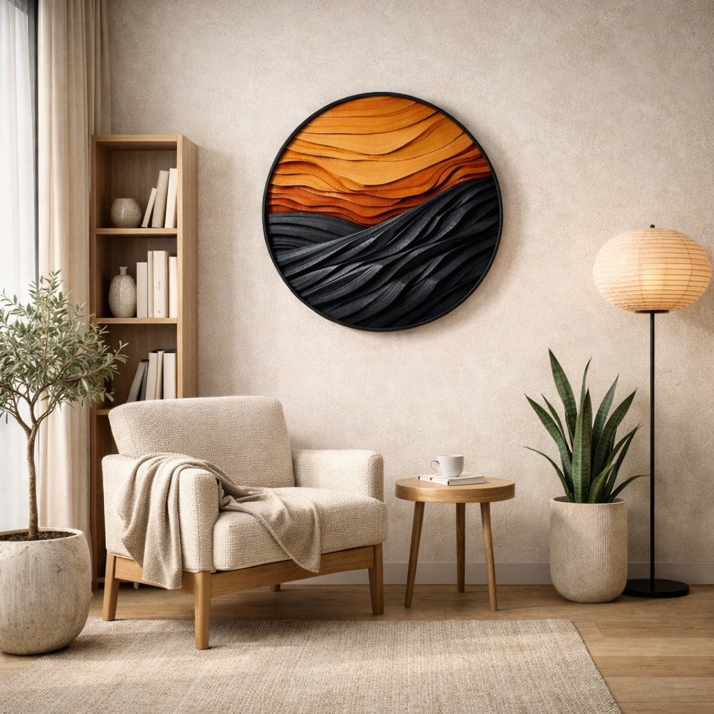 Handcrafted Round Wood Wall Sculpture With Layered Wave Relief