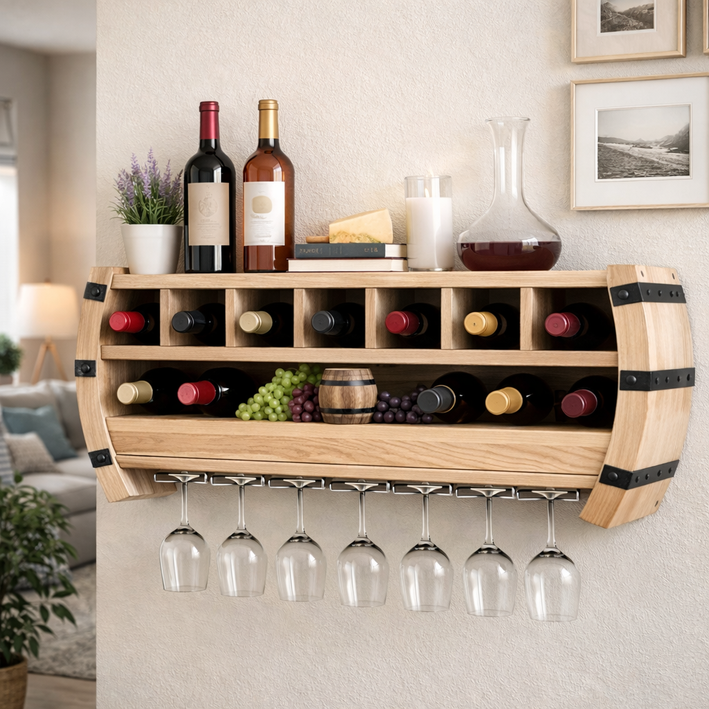 Handcrafted Solid Wood Floating Wine Rack Shelf, Barrel Wall Storage