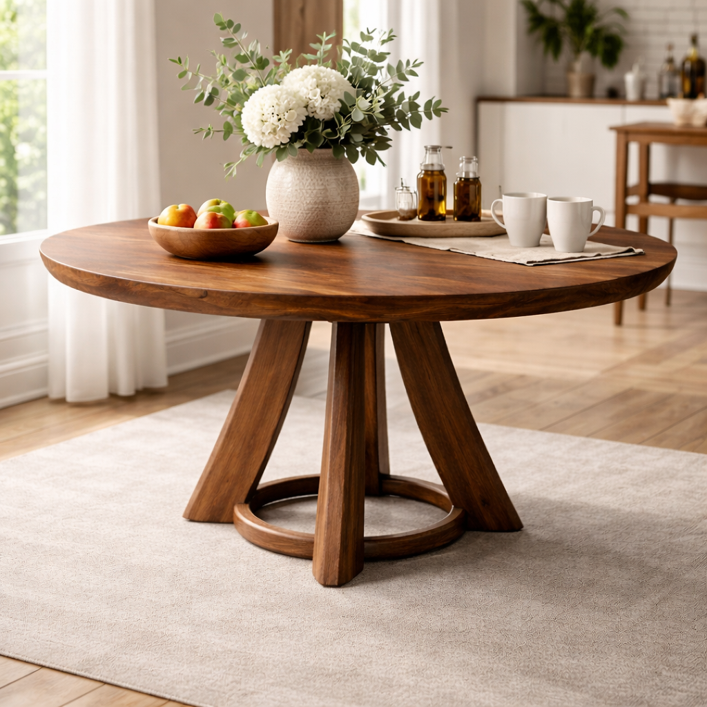 Modern Solid Wood Round Dining Table, Sculptural Pedestal Base