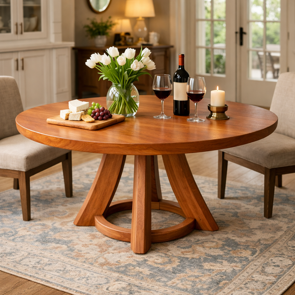 Modern Solid Wood Round Dining Table, Sculptural Pedestal Base