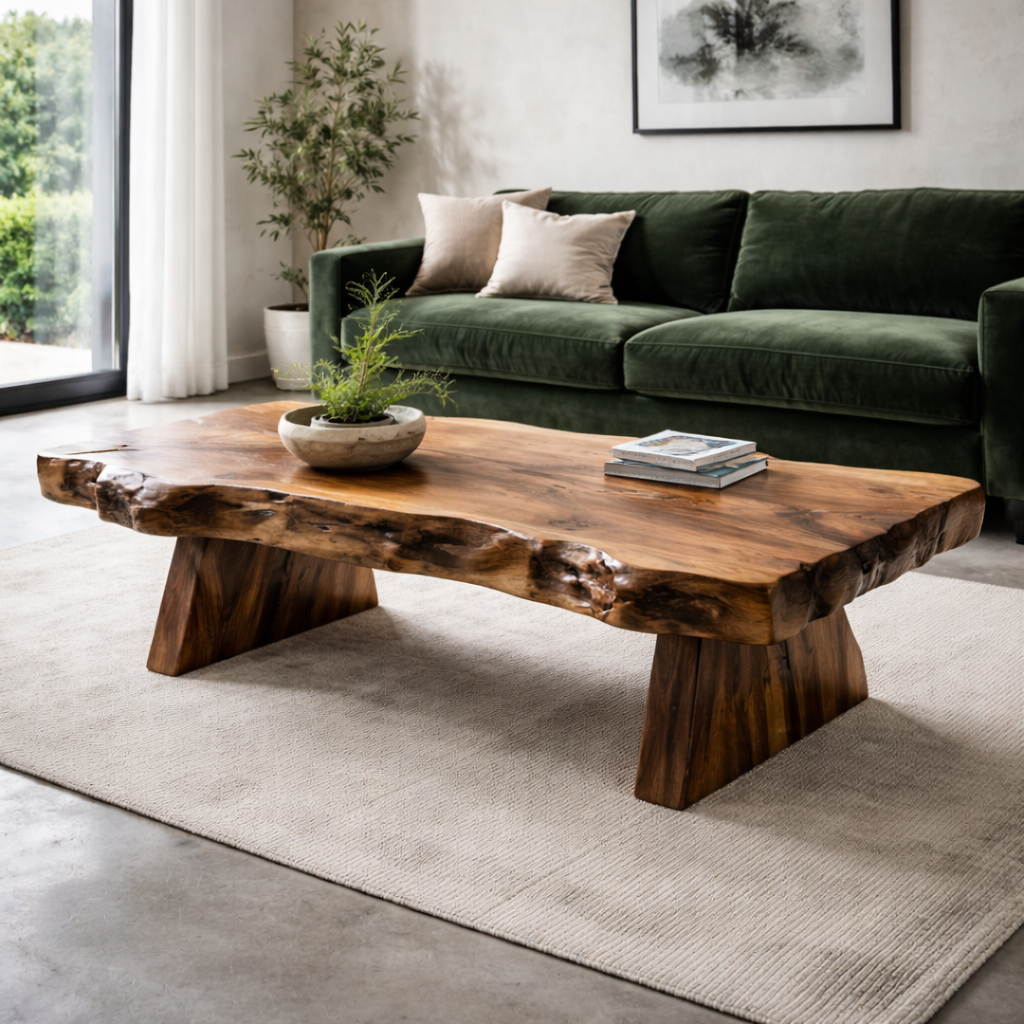 Live Edge Solid Wood Coffee Table With Sculptural Base