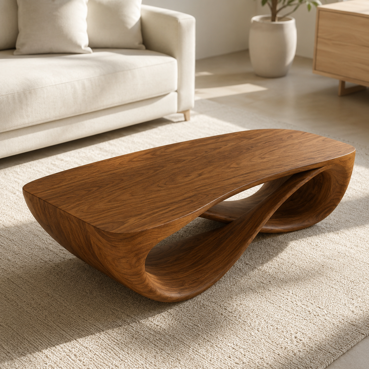 Serpentine Open Base Solid Wood Coffee Table For Living Room
