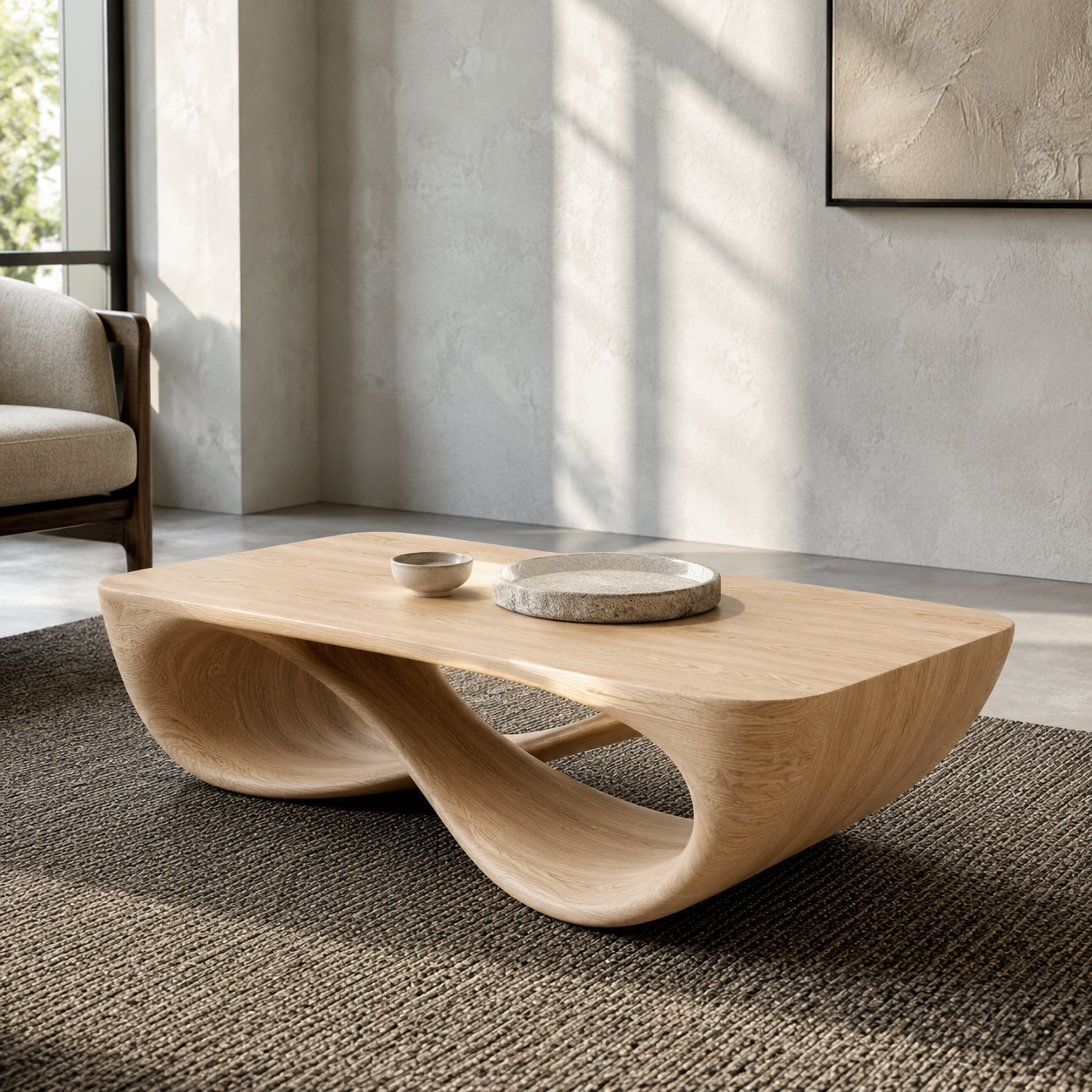 Serpentine Open Base Solid Wood Coffee Table For Living Room