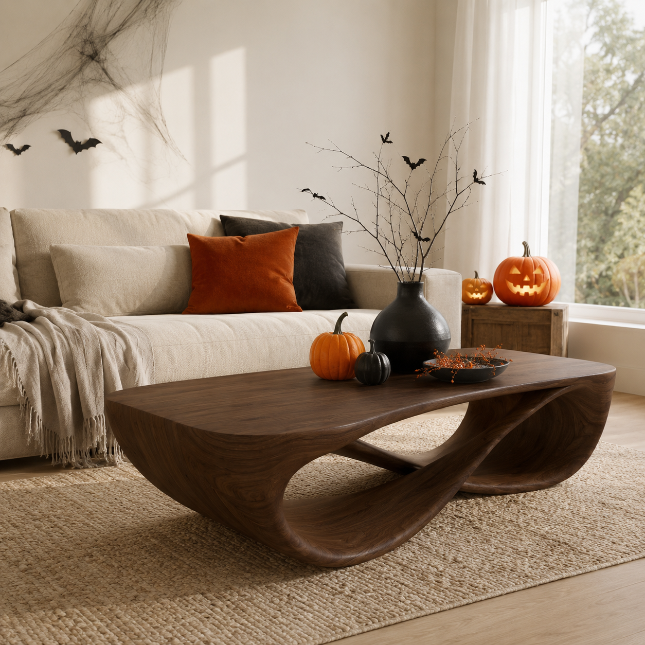 Serpentine Open Base Solid Wood Coffee Table For Living Room