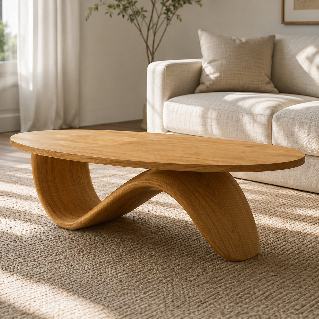Sculptural Ribbon Base Solid Wood Coffee Table For Living Room