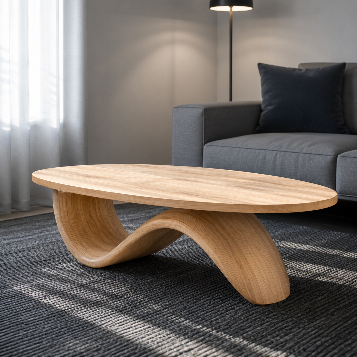 Sculptural Ribbon Base Solid Wood Coffee Table For Living Room
