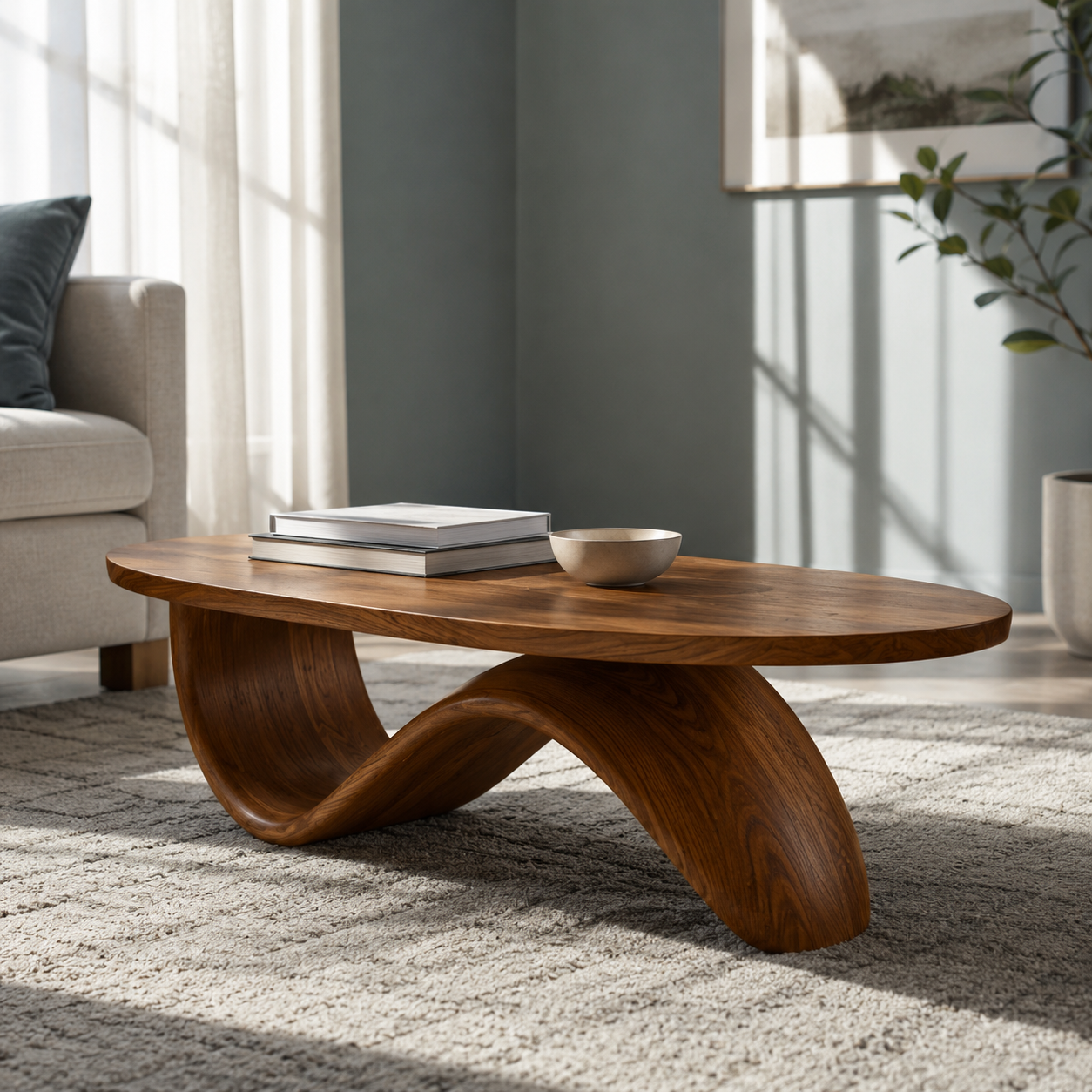 Sculptural Ribbon Base Solid Wood Coffee Table For Living Room