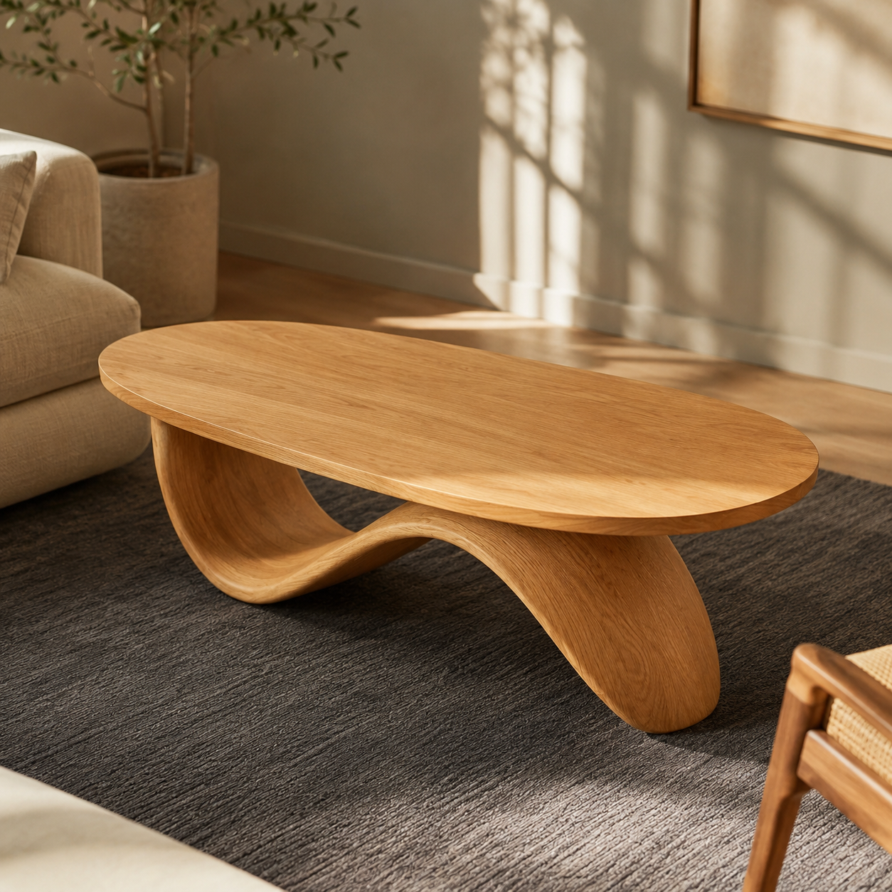 Sculptural Ribbon Base Solid Wood Coffee Table For Living Room