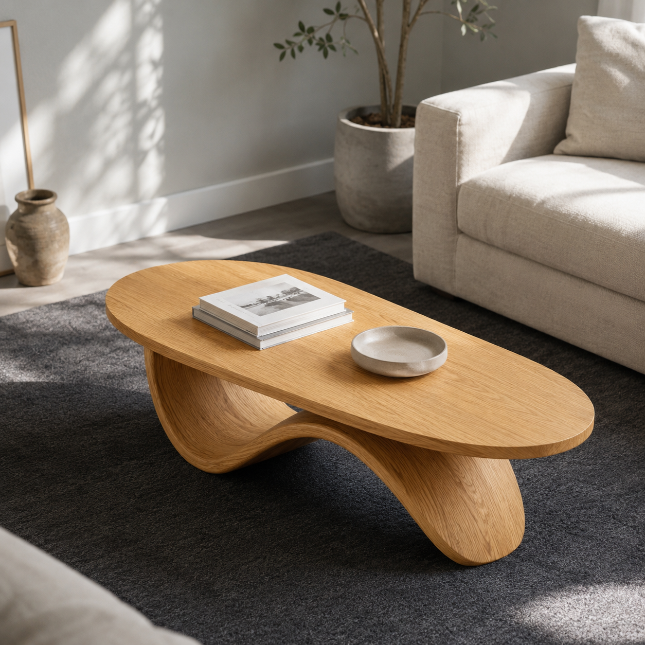 Sculptural Ribbon Base Solid Wood Coffee Table For Living Room