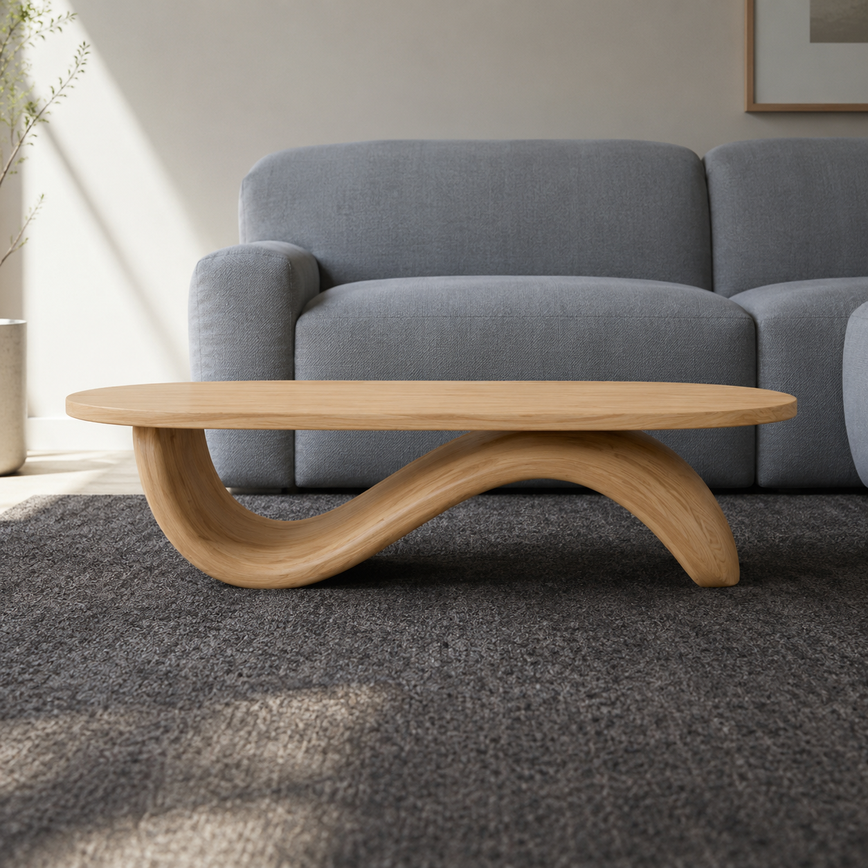 Sculptural Ribbon Base Solid Wood Coffee Table For Living Room