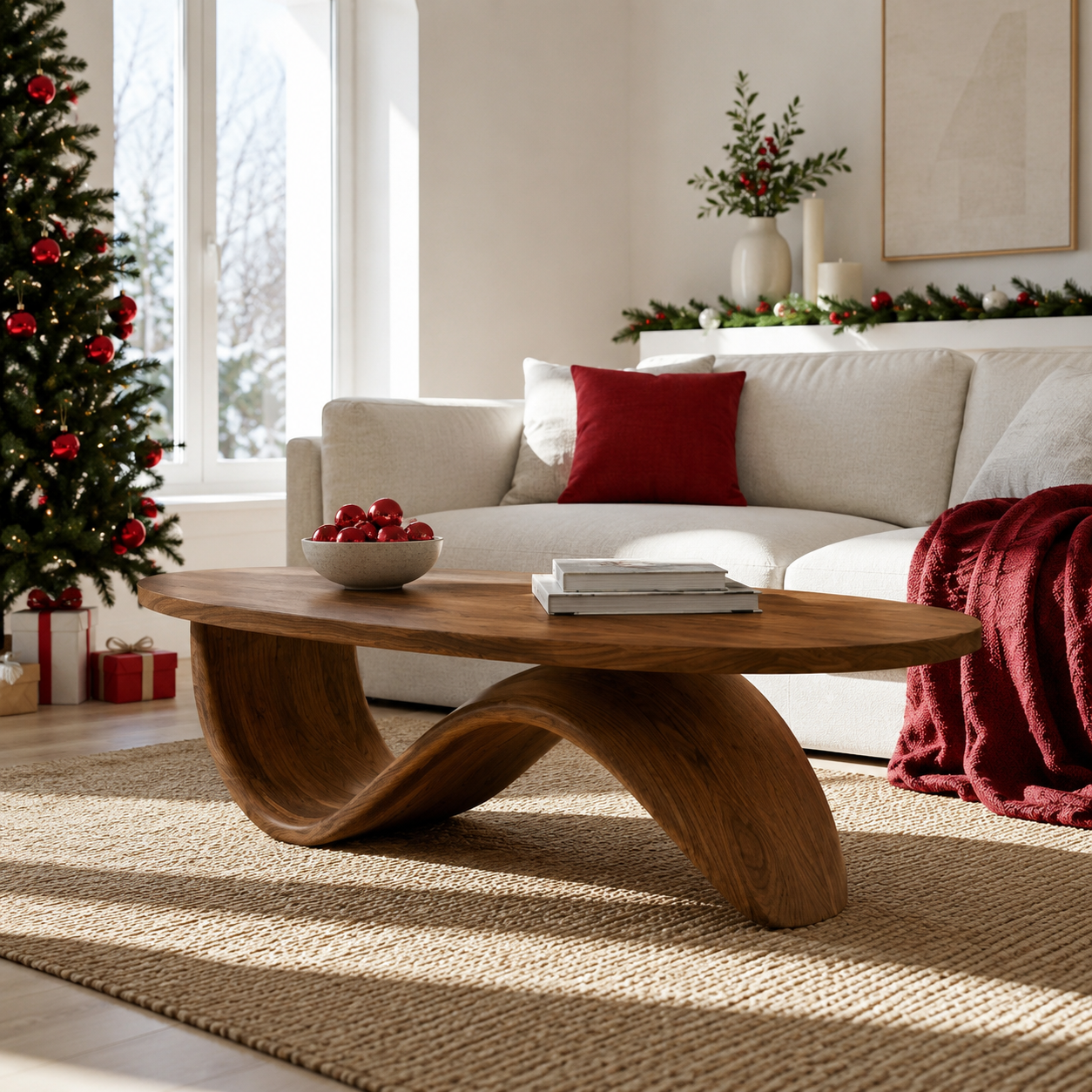 Sculptural Ribbon Base Solid Wood Coffee Table For Living Room