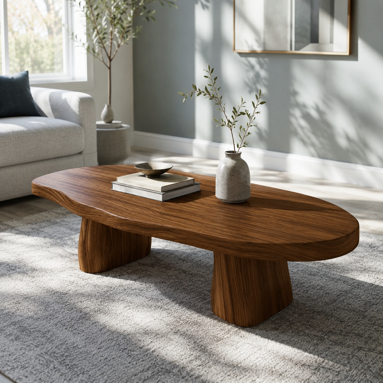 Sculptural Live Edge Slab Solid Wood Coffee Table For Living Room
