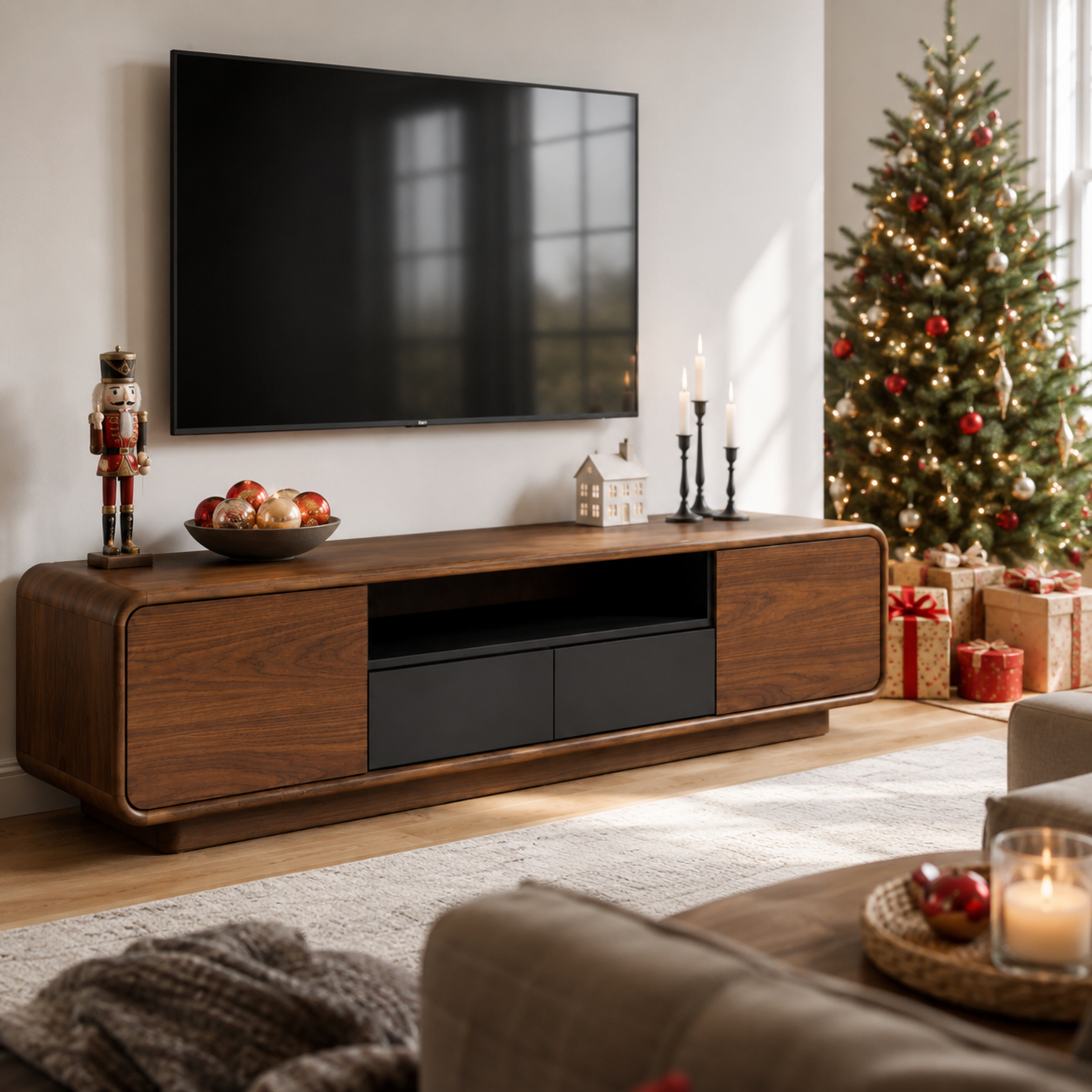 Arcova Curved Solid Wood TV Stand With Storage For Living Room