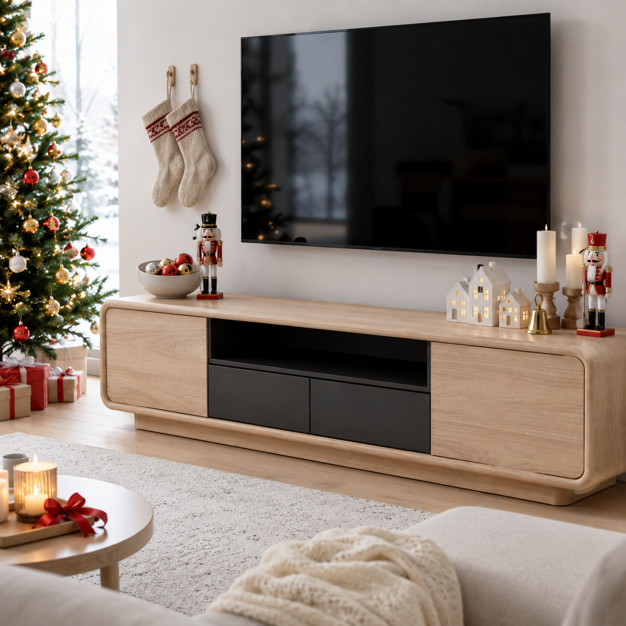 Arcova Curved Solid Wood TV Stand With Storage For Living Room