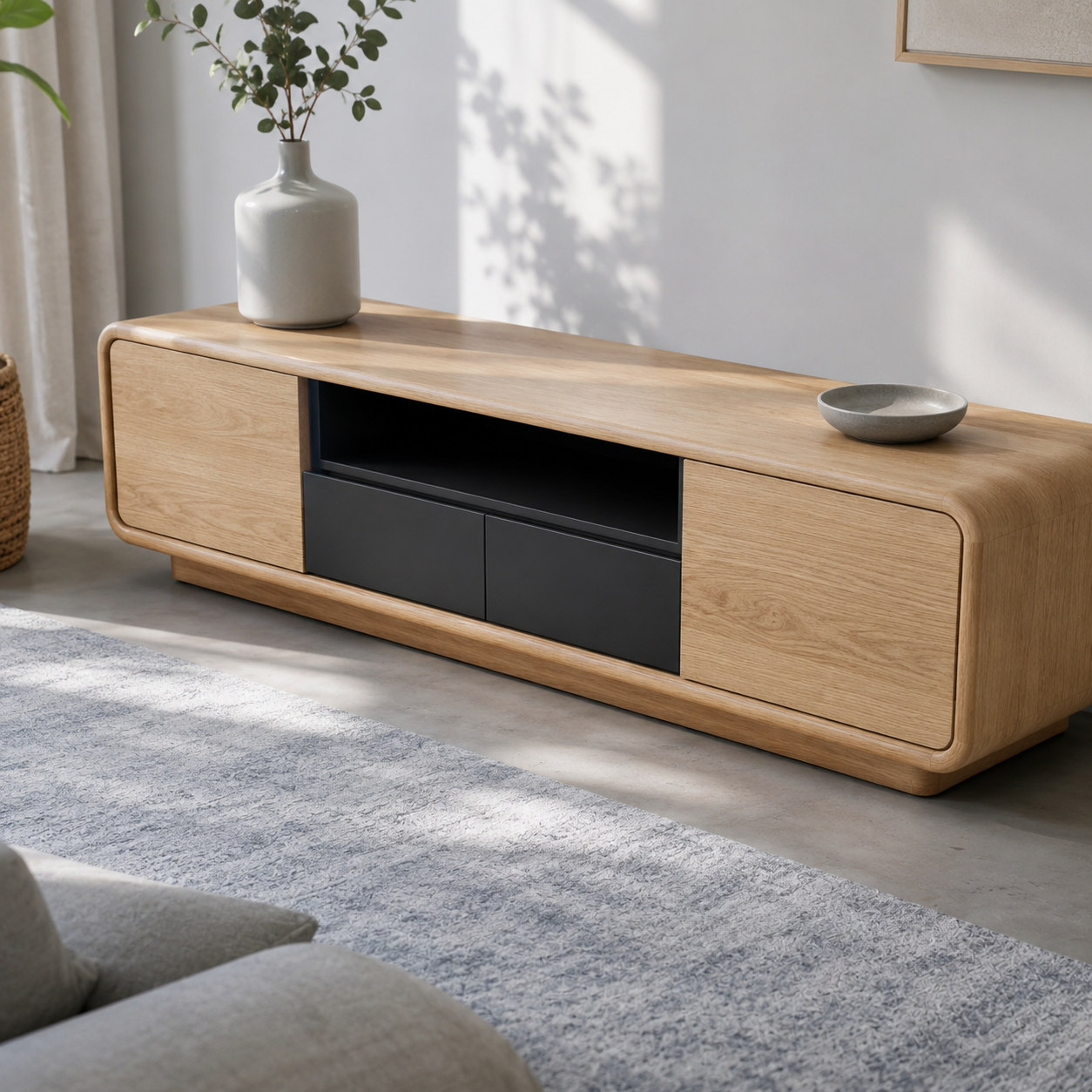 Arcova Curved Solid Wood TV Stand With Storage For Living Room