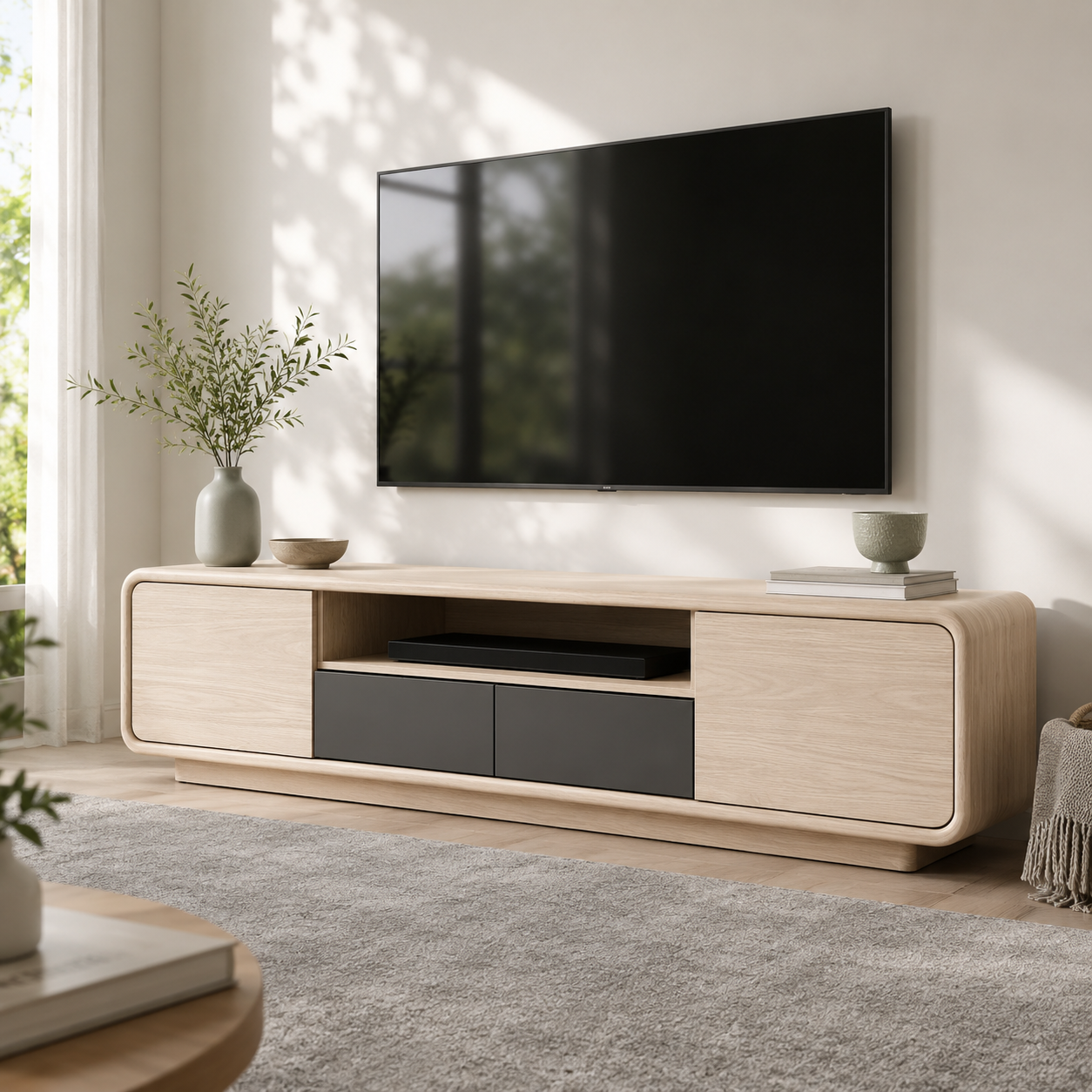 Arcova Curved Solid Wood TV Stand With Storage For Living Room