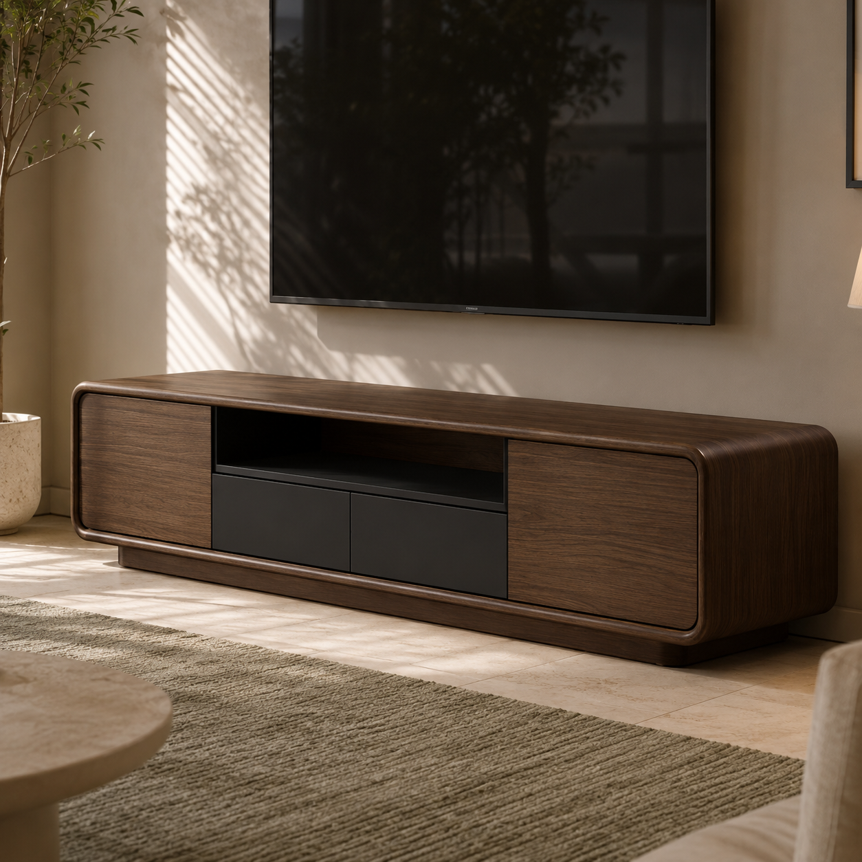 Arcova Curved Solid Wood TV Stand With Storage For Living Room