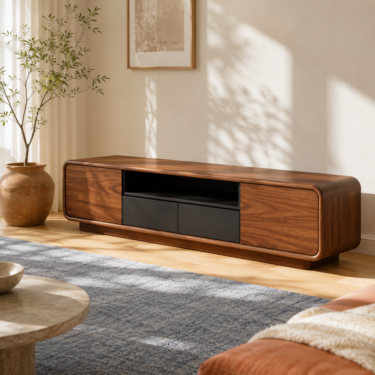 Arcova Curved Solid Wood TV Stand With Storage For Living Room