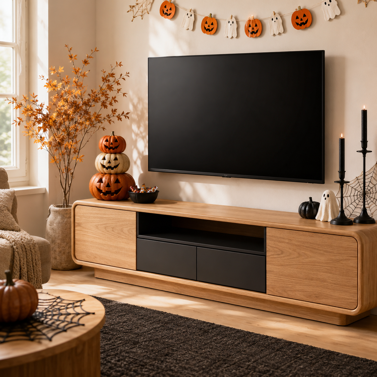 Arcova Curved Solid Wood TV Stand With Storage For Living Room