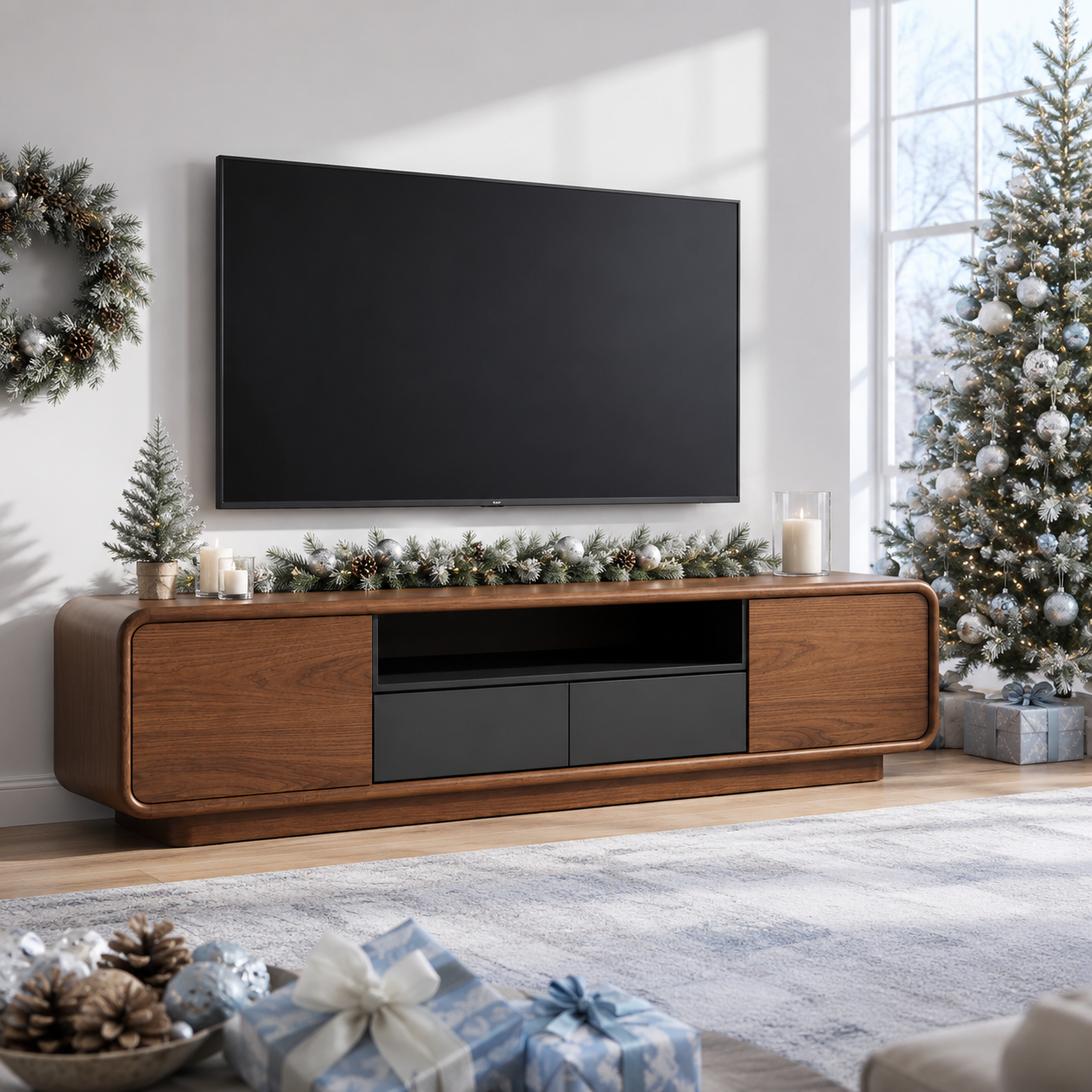 Arcova Curved Solid Wood TV Stand With Storage For Living Room