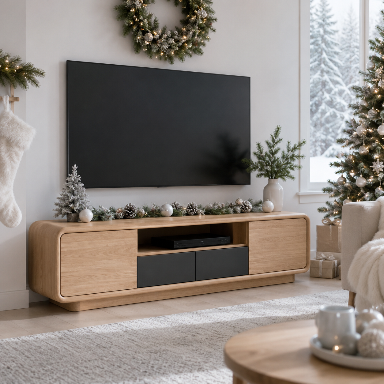 Arcova Curved Solid Wood TV Stand With Storage For Living Room