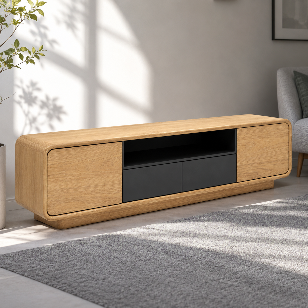 Arcova Curved Solid Wood TV Stand With Storage For Living Room