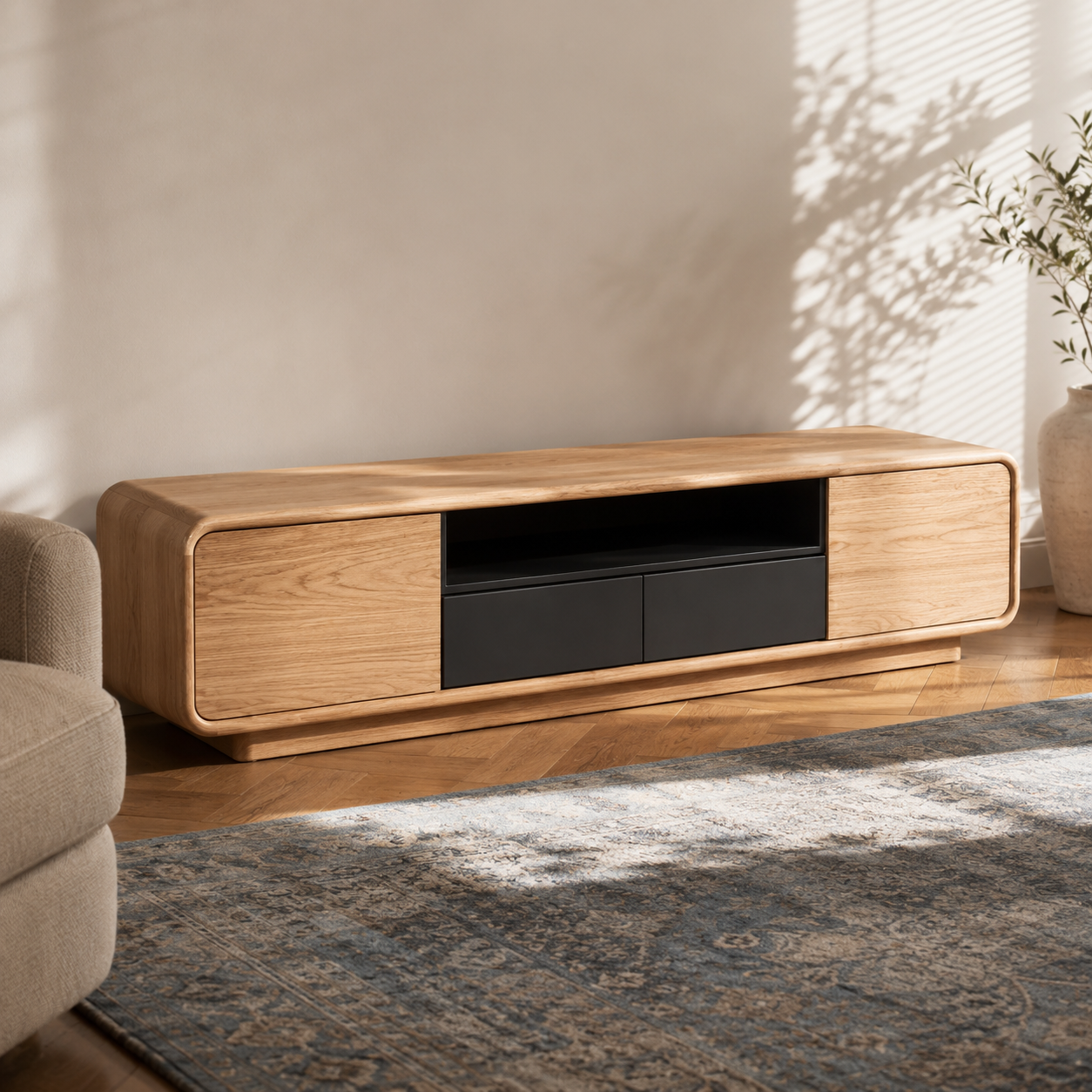 Arcova Curved Solid Wood TV Stand With Storage For Living Room