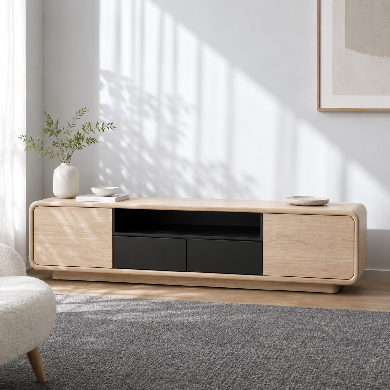 Arcova Curved Solid Wood TV Stand With Storage For Living Room