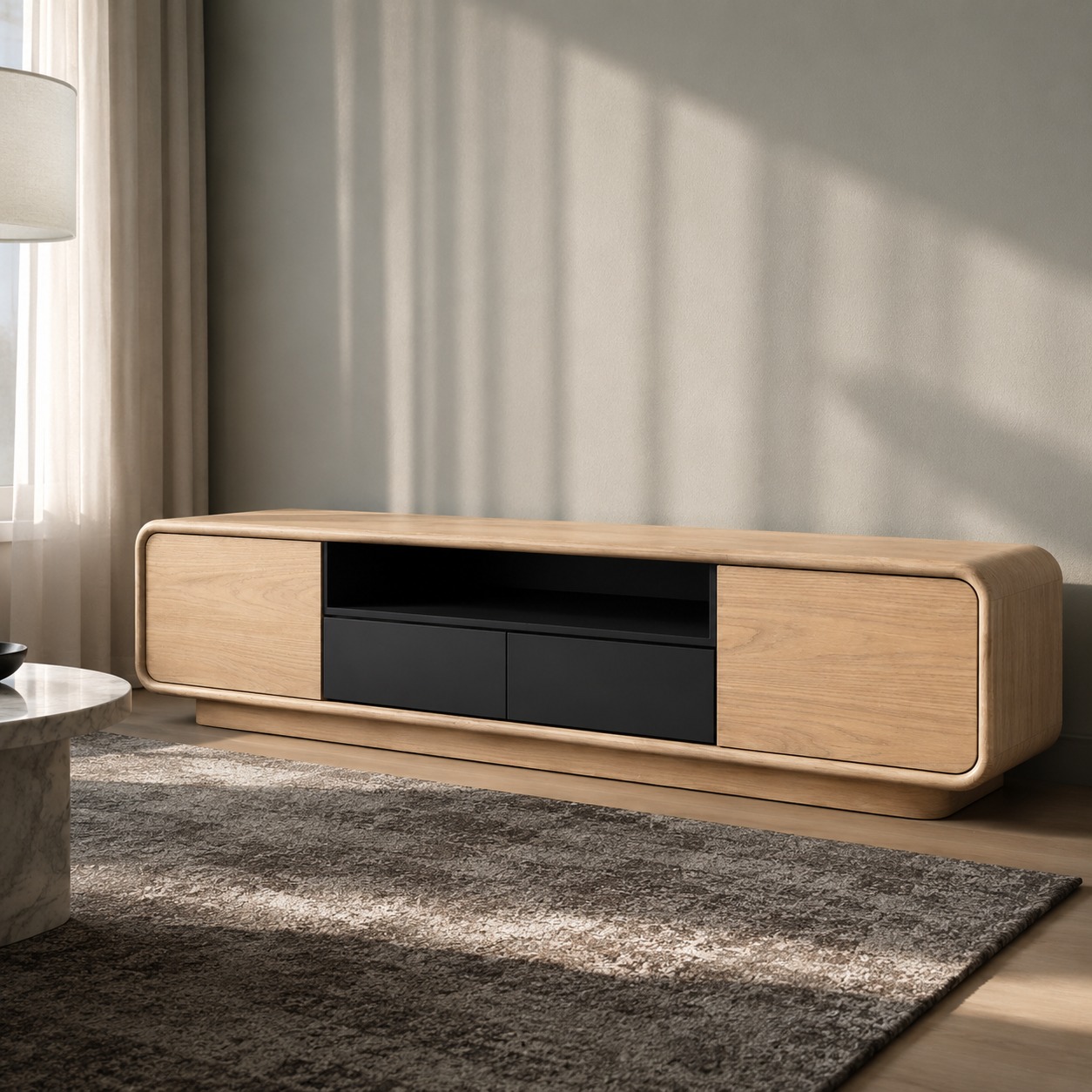 Arcova Curved Solid Wood TV Stand With Storage For Living Room