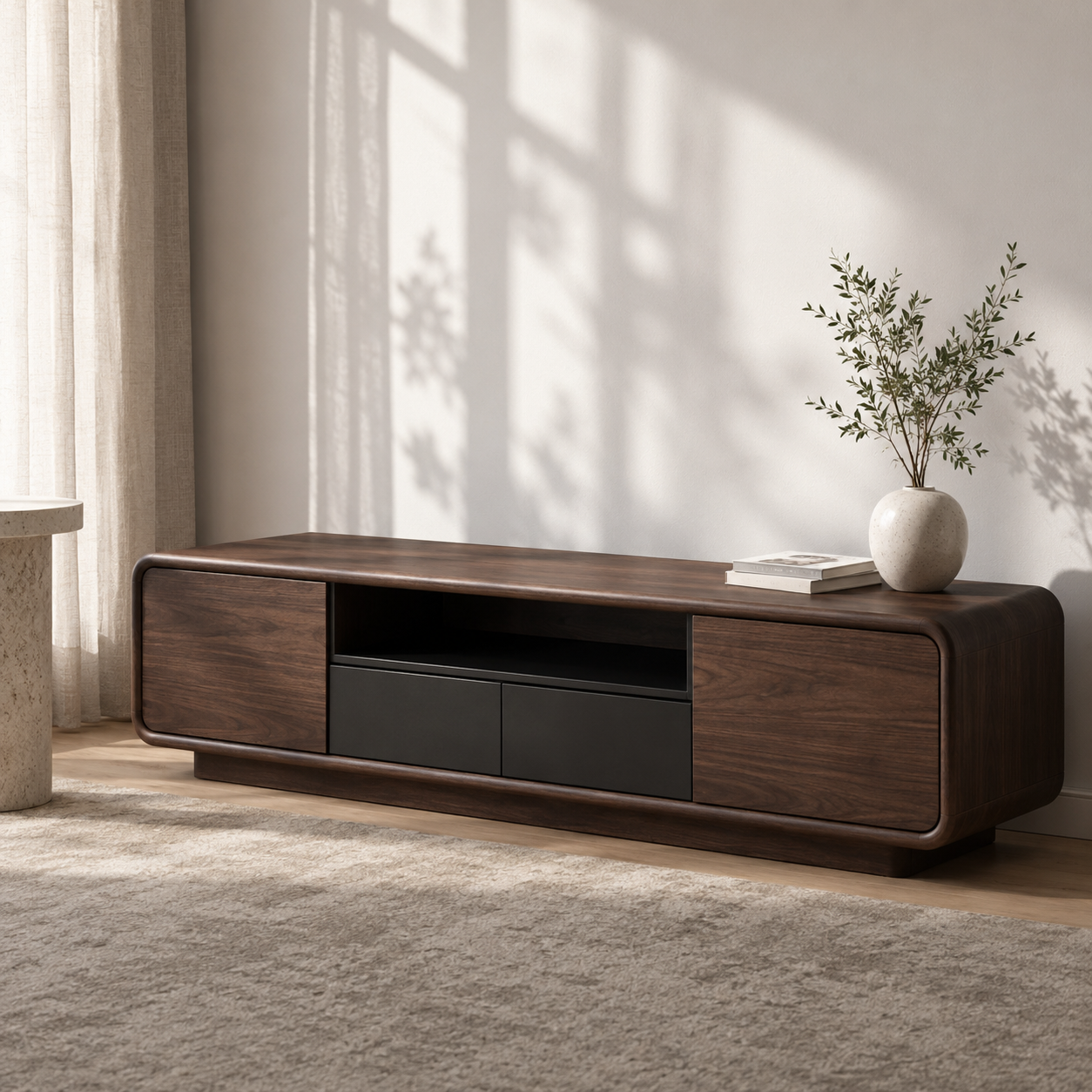 Arcova Curved Solid Wood TV Stand With Storage For Living Room