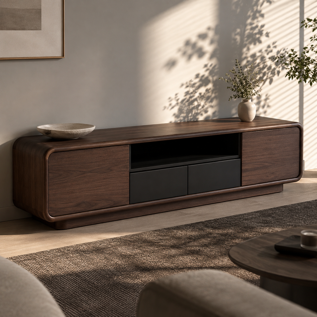 Arcova Curved Solid Wood TV Stand With Storage For Living Room