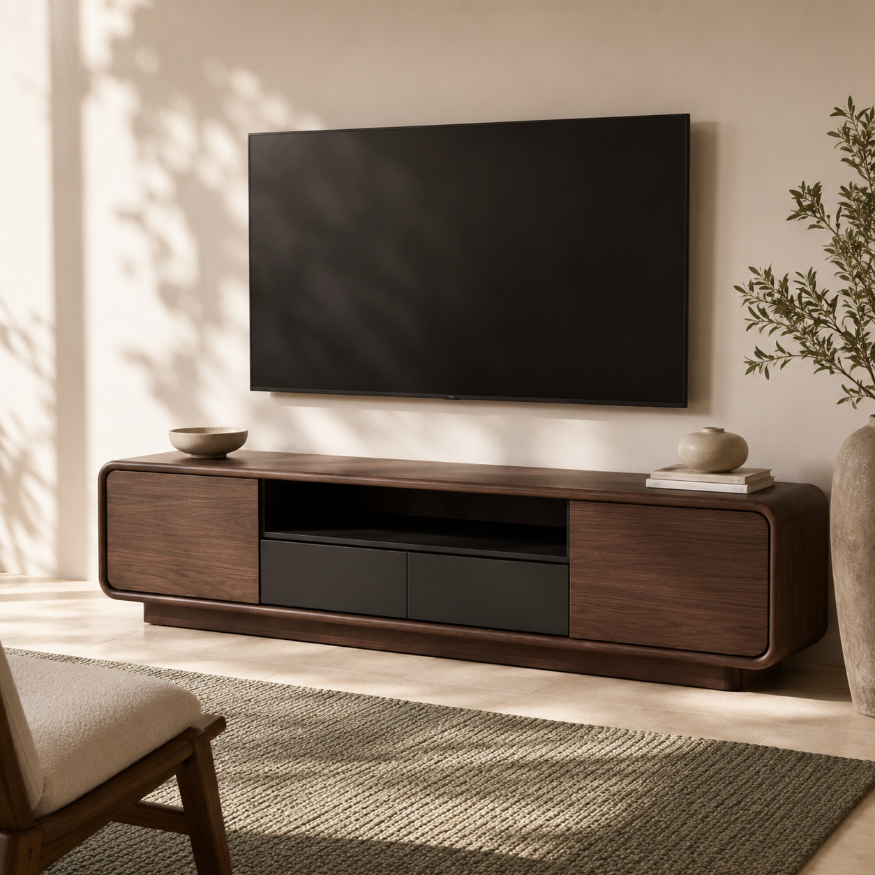 Arcova Curved Solid Wood TV Stand With Storage For Living Room