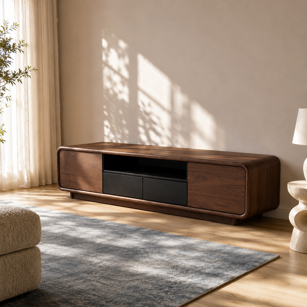 Arcova Curved Solid Wood TV Stand With Storage For Living Room